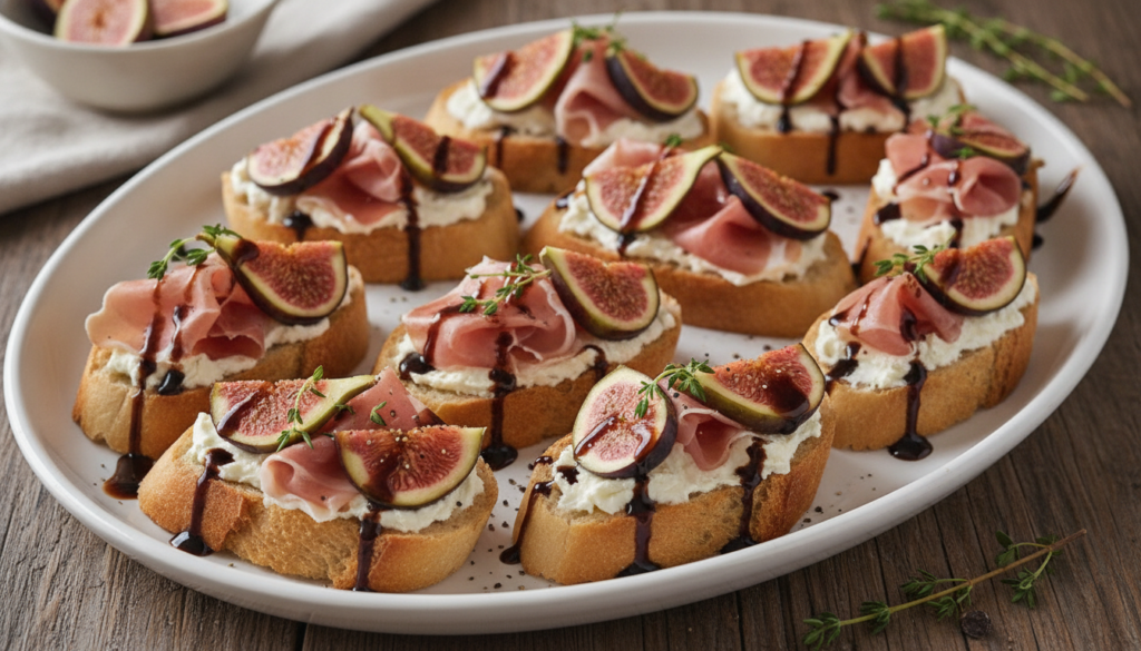 Gourmet crostini topped with goat cheese fresh fig slices prosciutto and a drizzle of balsamic glaze
