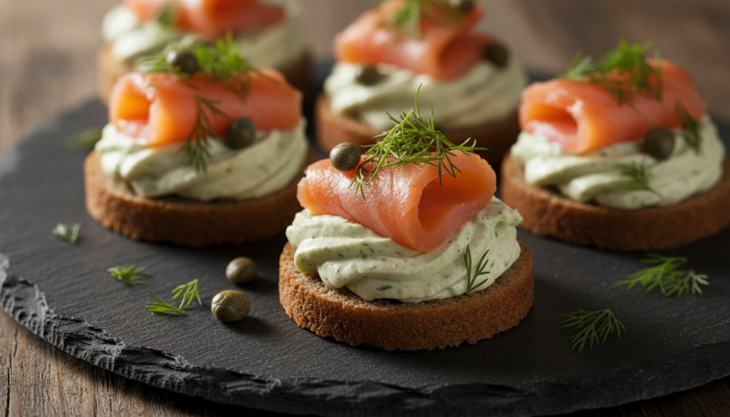 Mini rye bread slices or crackers topped with cream cheese folds of smoked salmon fresh dill and capers