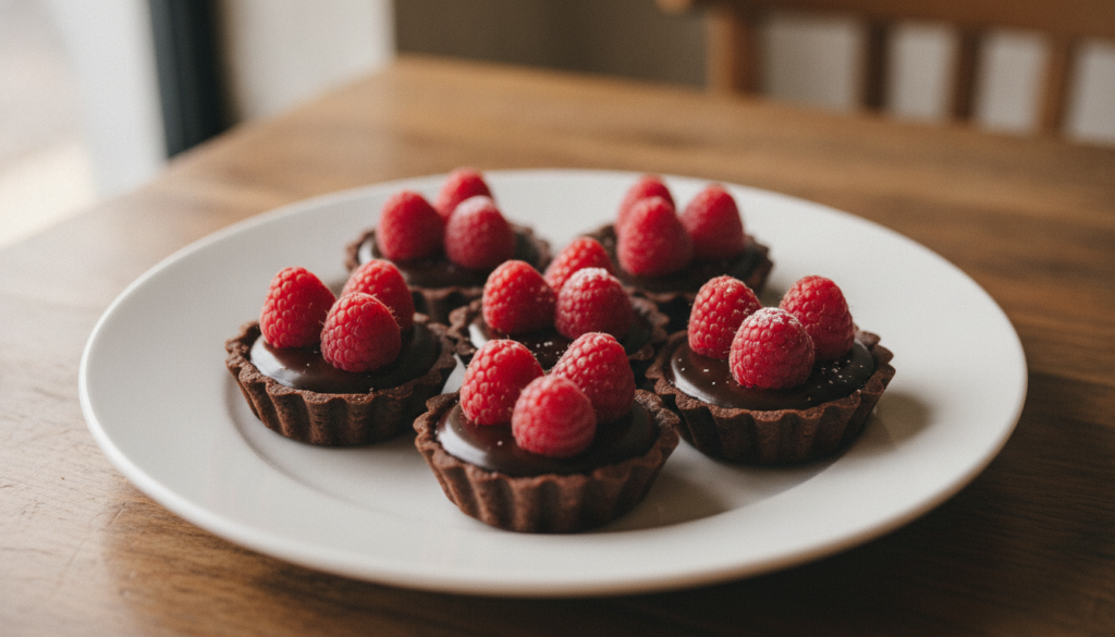 Exquisite mini dark chocolate tarts topped with fresh vibrant raspberries on a dessert platter