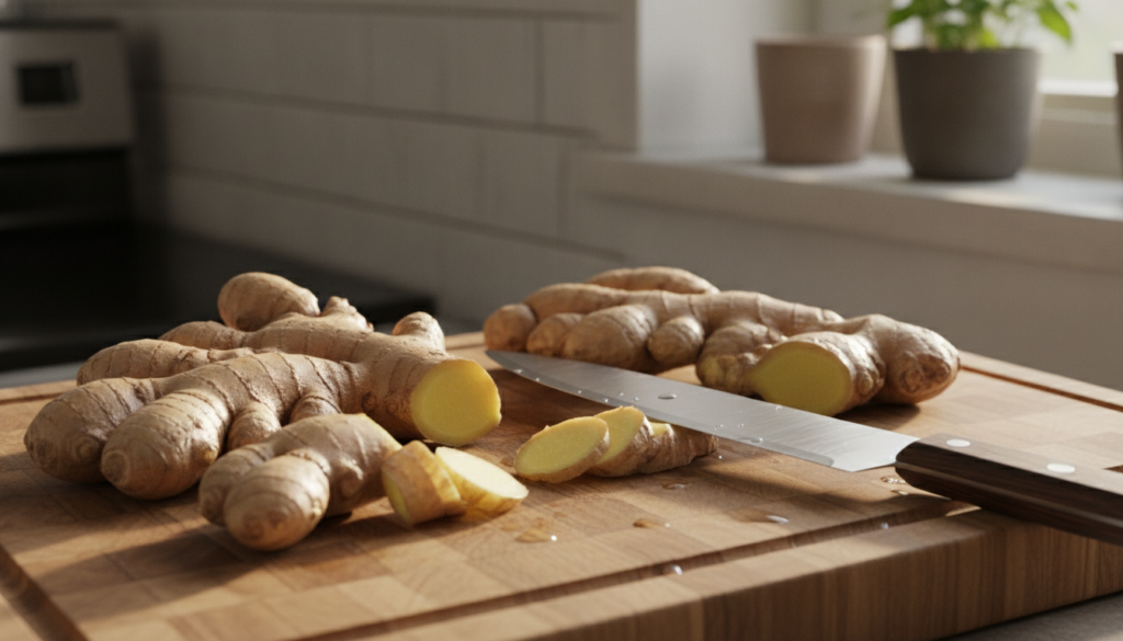 Fresh ginger root peeled and unpeeled on a wooden cutting board with a knife