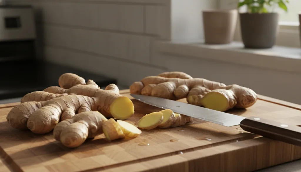 Fresh ginger root peeled and unpeeled on a wooden cutting board with a knife