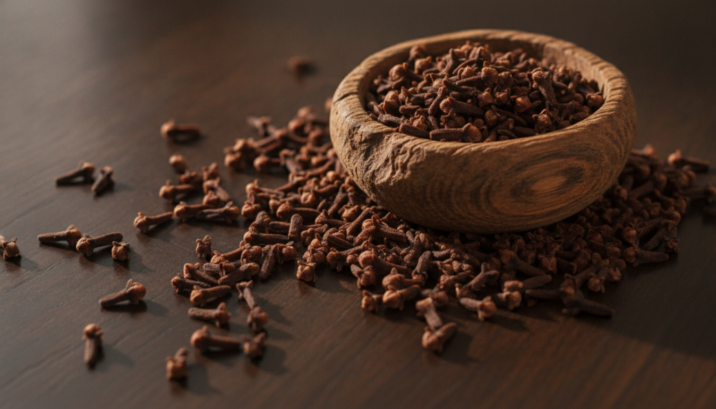 Whole dried cloves spilling from a small bowl onto a dark wooden surface