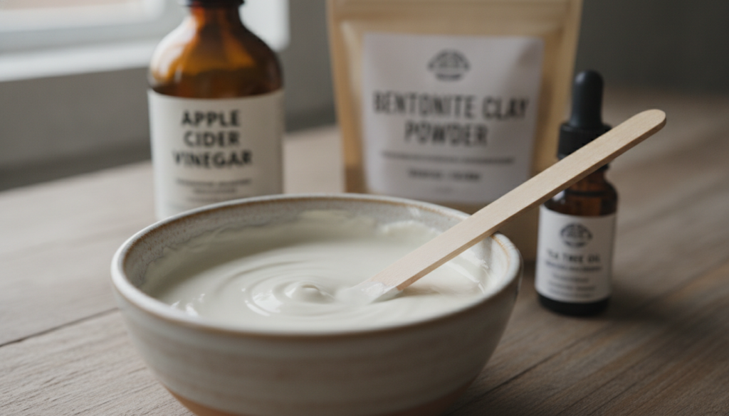 Close-up of a small non-metallic bowl containing a creamy light-colored paste with a wooden stirring stick Ingredients l