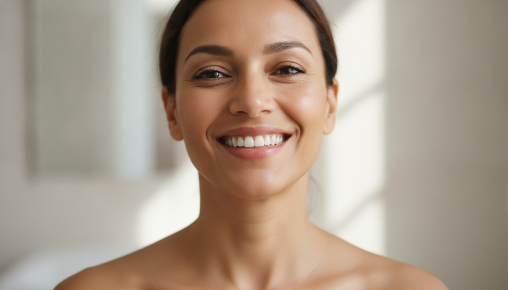 A person with a clear smooth neck smiling confidently indicating the desired result after consistent use of the remedy