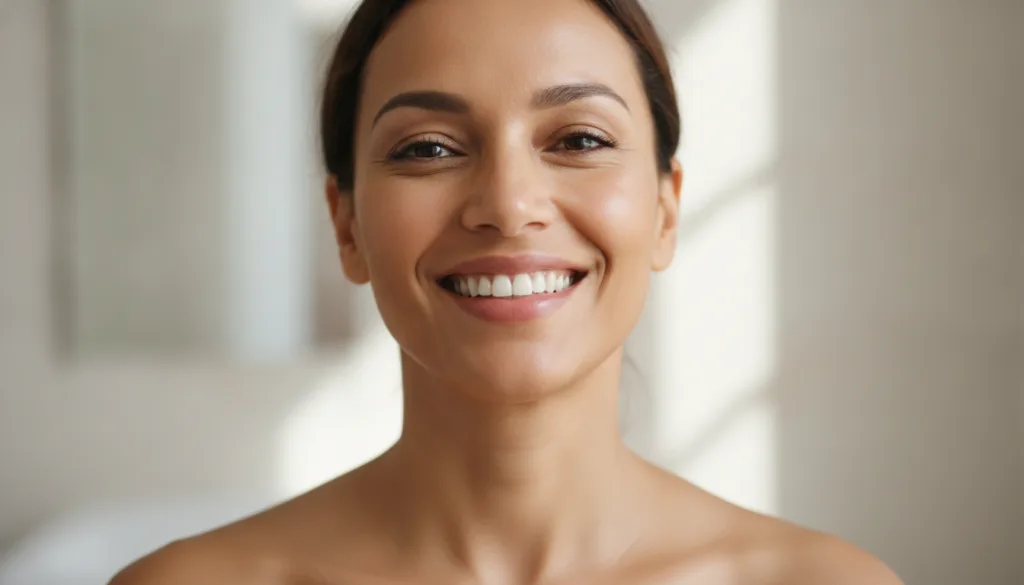 A person with a clear smooth neck smiling confidently indicating the desired result after consistent use of the remedy