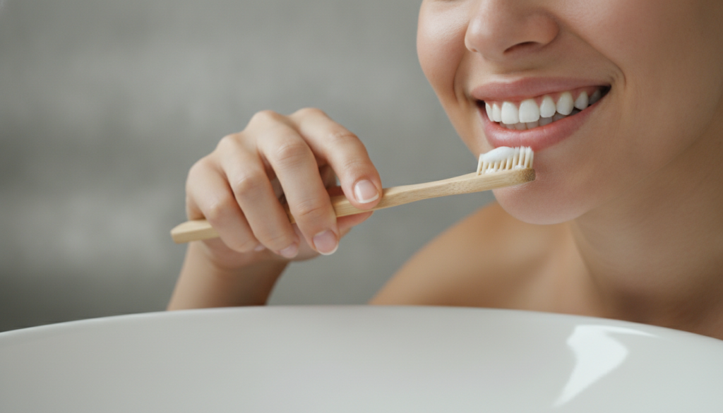 A person gently brushing their teeth with a natural bristled toothbrush focusing on the front teeth with a clean and bri