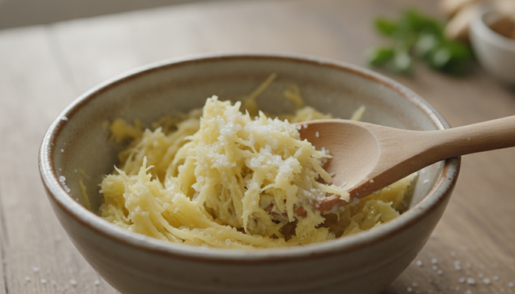 Close-up of finely grated ginger and fine sea salt in a small bowl being mixed with a spoon to form a paste