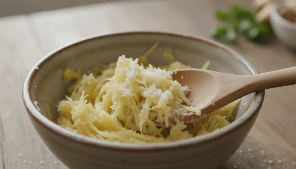 Close-up of finely grated ginger and fine sea salt in a small bowl being mixed with a spoon to form a paste