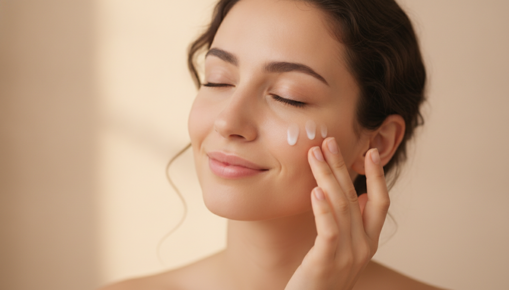 A woman gently massaging a few drops of a milky white liquid onto her cheek and jawline showing a smooth hydrated comple