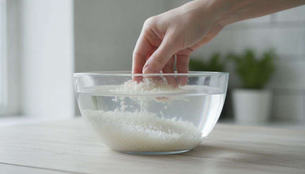 Close up of white rice soaking in a bowl of clear filtered water with a hand gently stirring the mixture