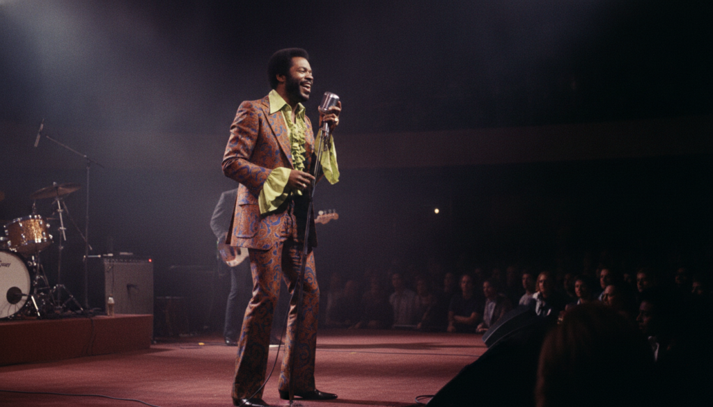 A vintage photo of Al Green performing on stage perhaps in a vibrant suit bathed in stage lights with a microphone in ha