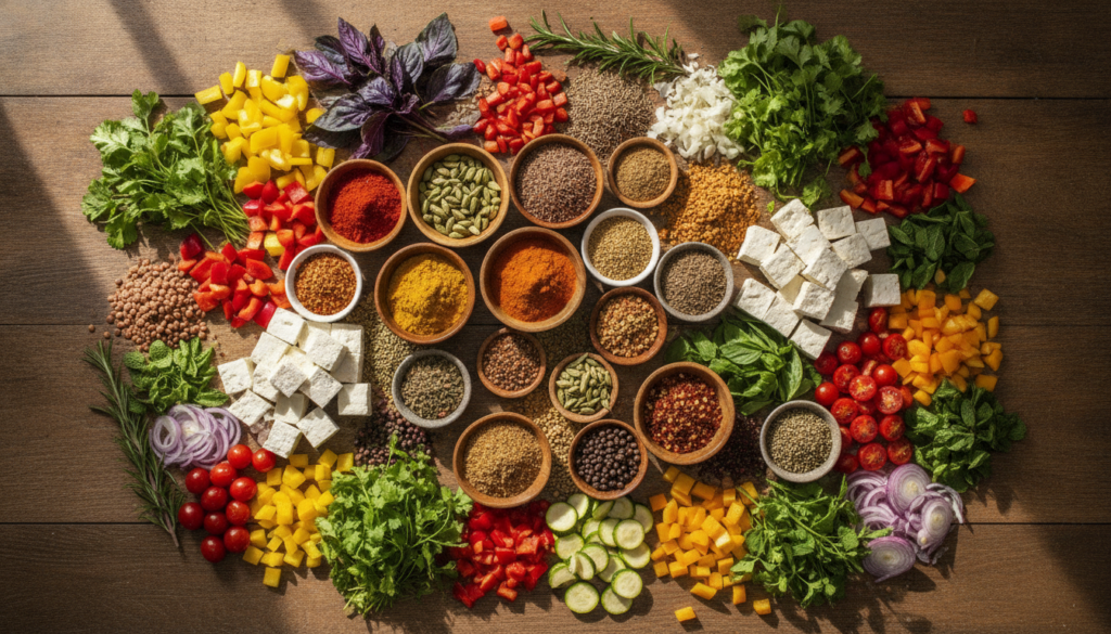 An aerial view of a vibrant selection of various colorful spices in small bowls alongside fresh herbs and plant-based in