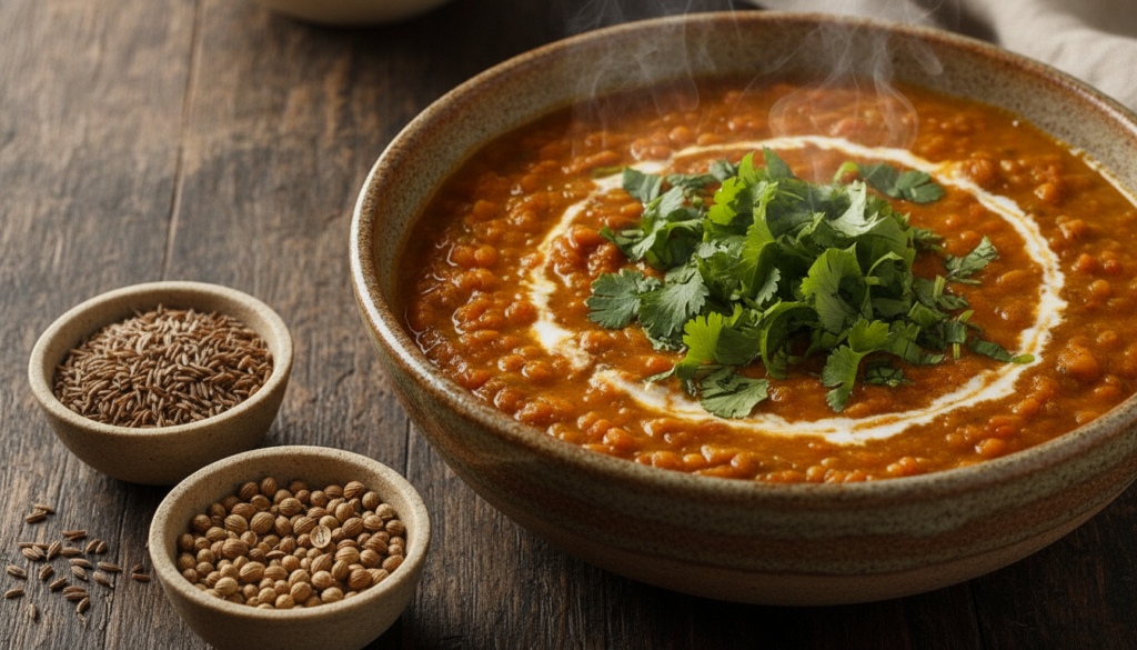 A close-up shot of a steaming bowl of vegan lentil curry garnished with fresh cilantro next to a small bowl of cumin and