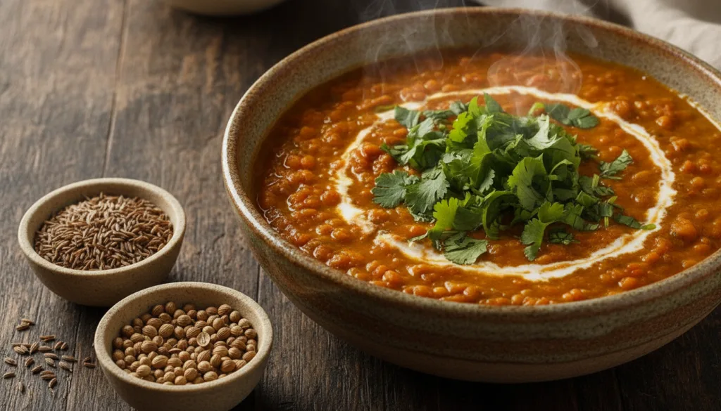 A close-up shot of a steaming bowl of vegan lentil curry garnished with fresh cilantro next to a small bowl of cumin and