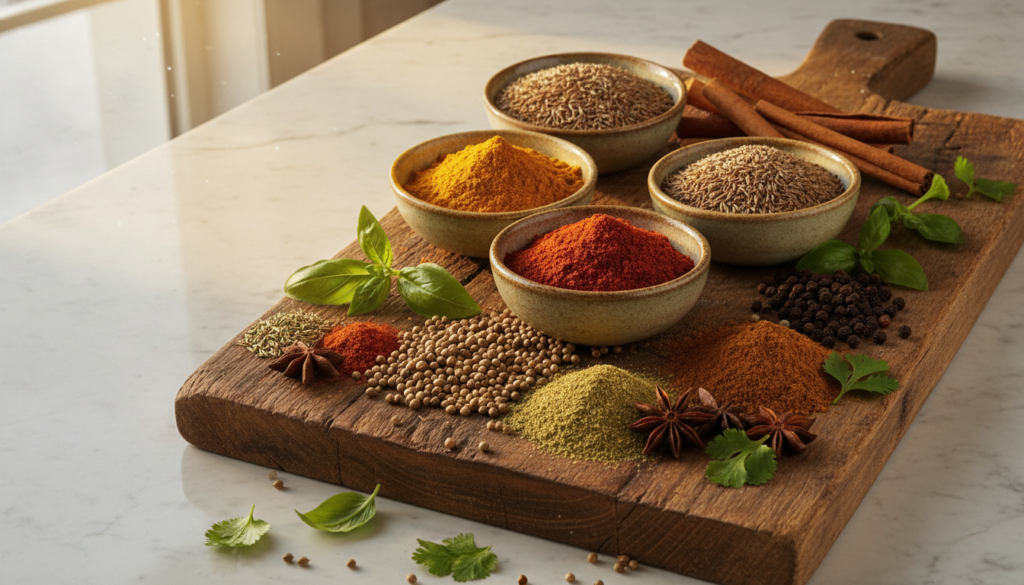 A vibrant array of various whole and ground spices arranged aesthetically in small bowls and on a wooden board with fres