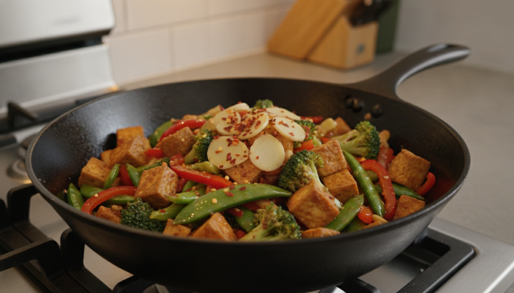 A colorful vegan vegetable stir-fry with tofu garnished with chili flakes and fresh ginger in a wok on a stovetop