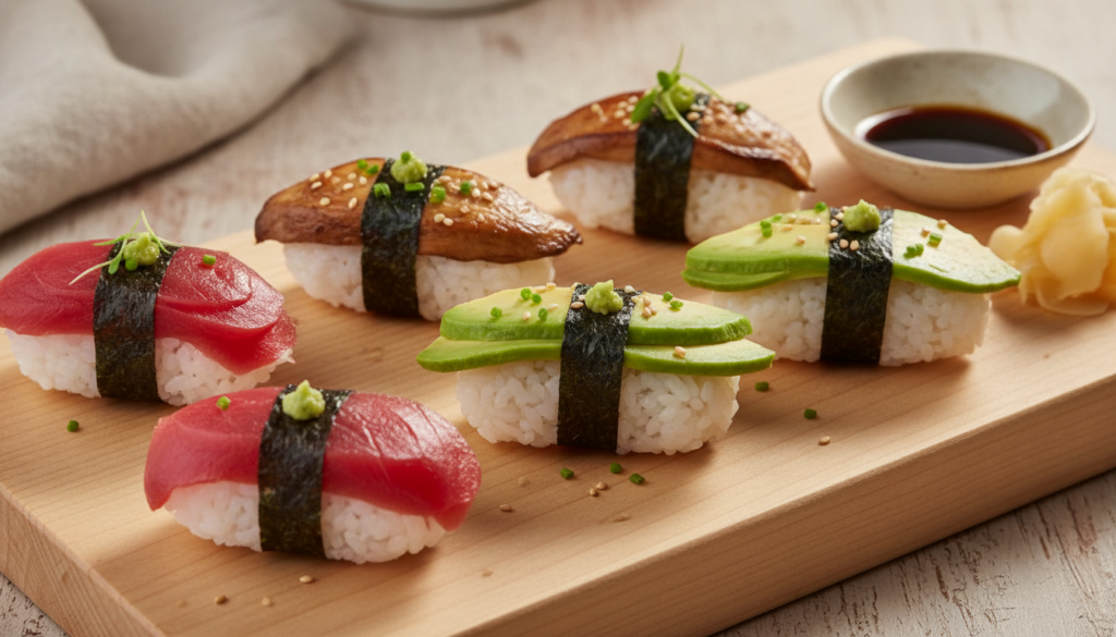 An assortment of colorful vegan nigiri sushi pieces beautifully arranged on a wooden board showcasing various plant-base