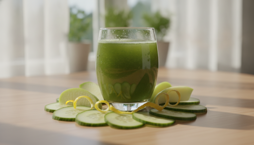 A vibrant green juice in a clear glass with sliced cucumber apple and lemon zest arranged artfully around the glass on a