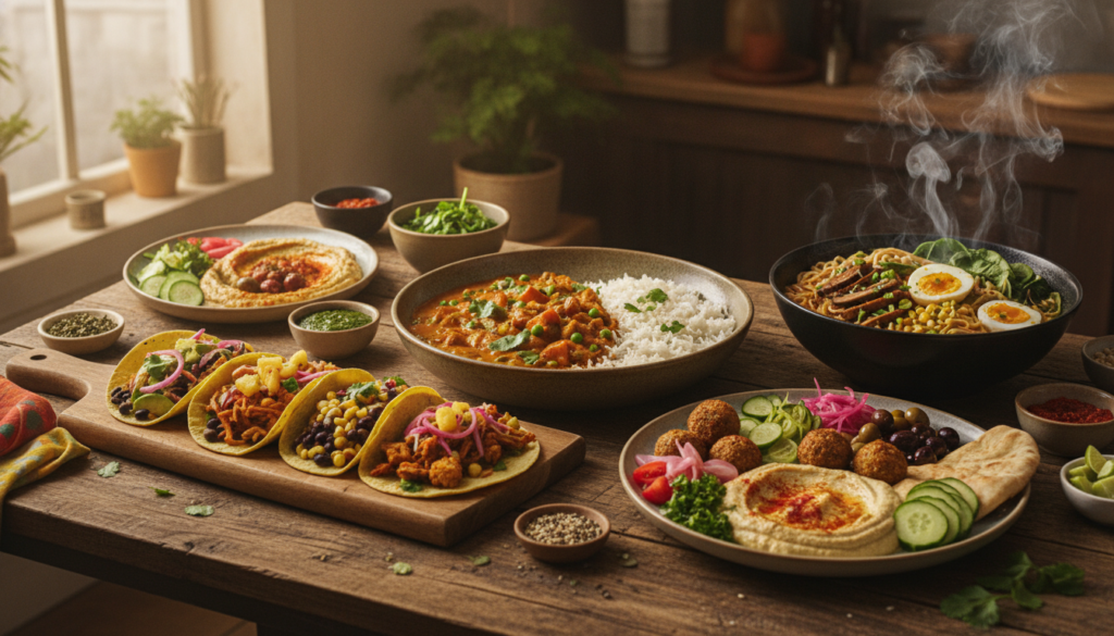 A vibrant and diverse spread of plant-based international dishes showcasing colorful ingredients and various cooking sty