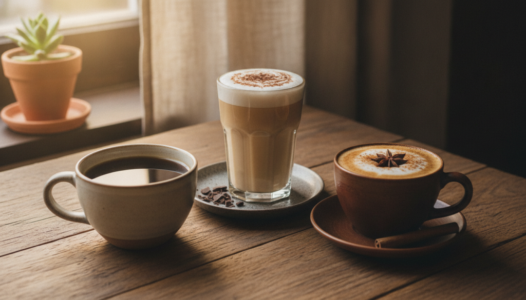 A variety of beautifully prepared vegan coffee drinks showing a minimalist black coffee a cocoa-infused latte and a spic