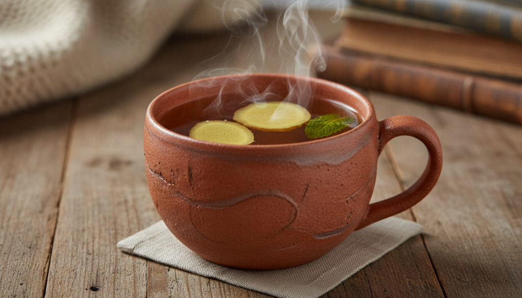 A warm mug of ginger and peppermint tea with fresh ginger slices and peppermint leaves visible on a cozy wooden surface