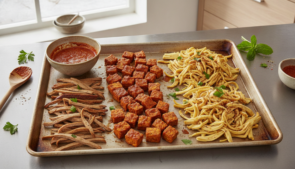 Various marinated plant-based proteins like sliced seitan tempeh and jackfruit laid out on a baking sheet ready for cook