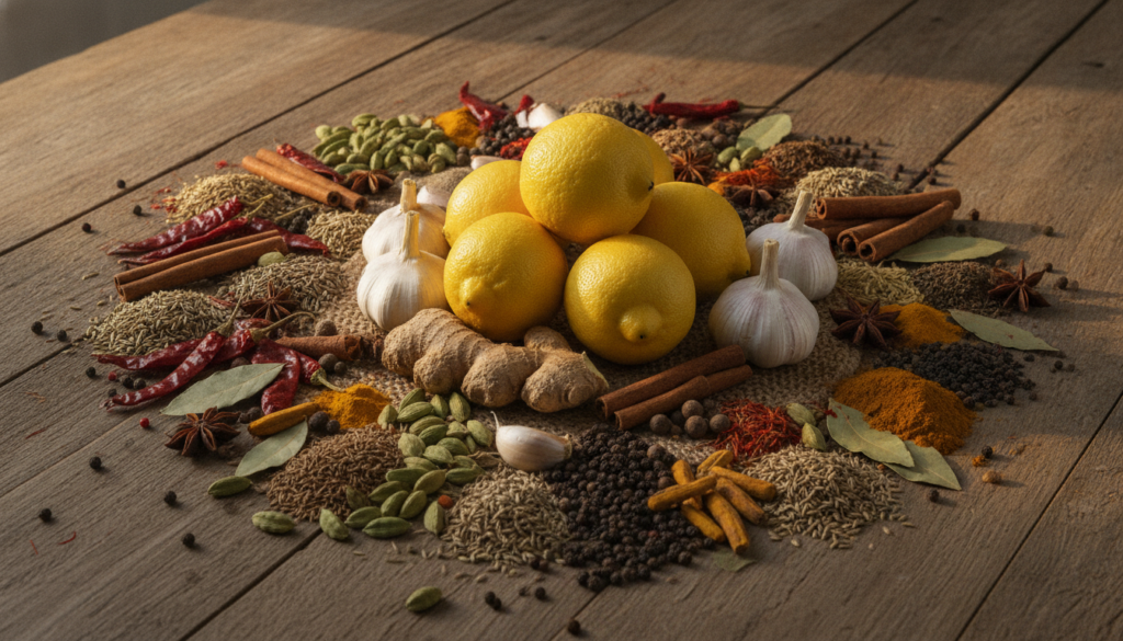 A vibrant array of colorful whole spices and fresh ingredients like lemons garlic and ginger arranged artfully on a rust