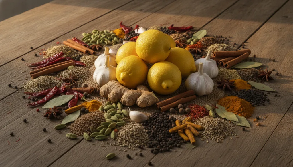 A vibrant array of colorful whole spices and fresh ingredients like lemons garlic and ginger arranged artfully on a rust