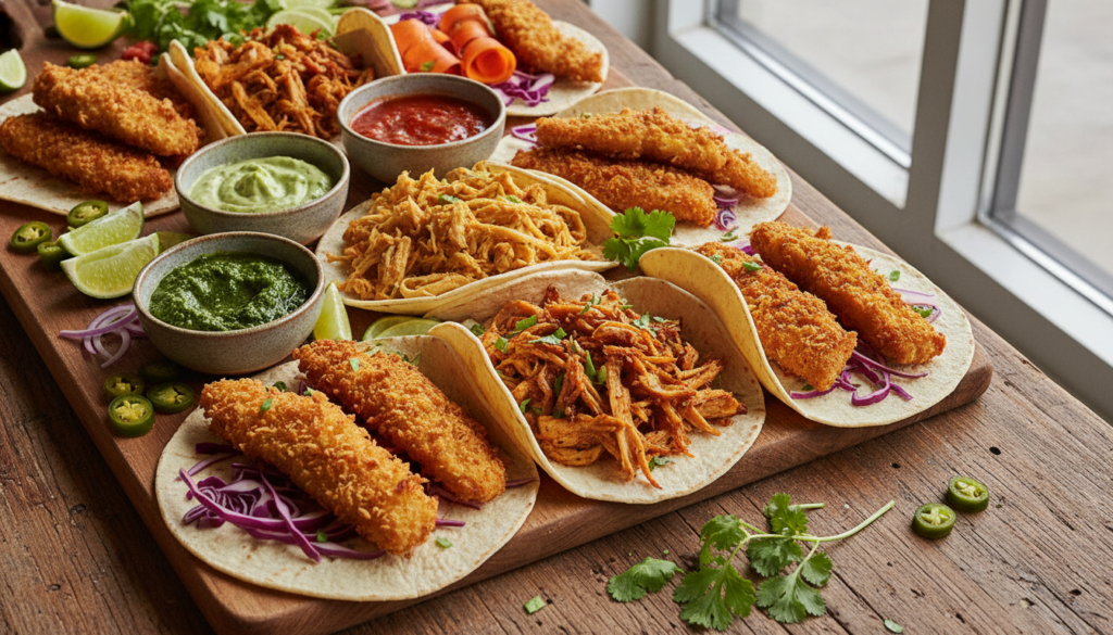 A vibrant spread of vegan fish tacos featuring different plant-based fish fillings various colorful sauces in small bowl