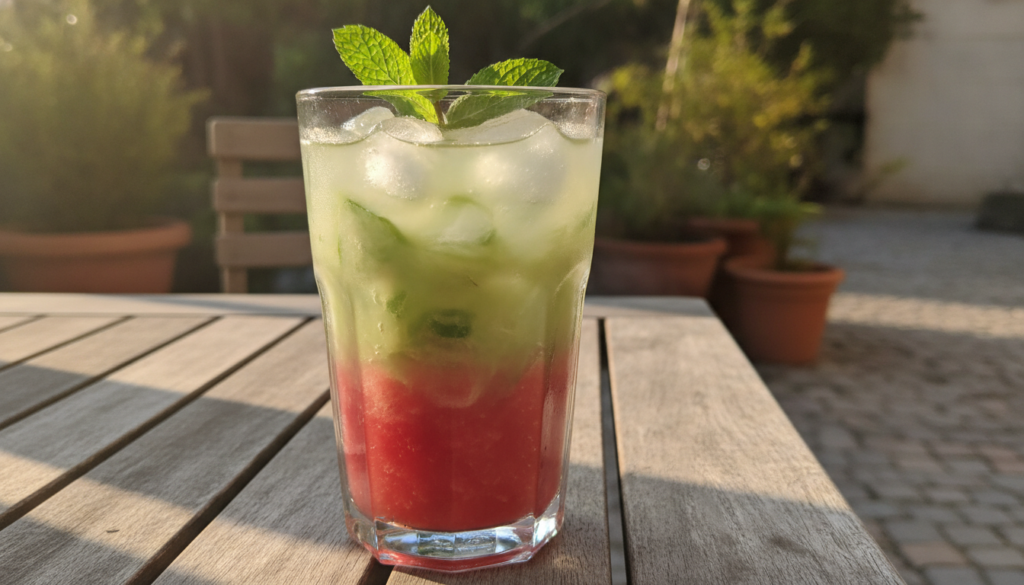 A vibrant refreshing glass of watermelon and aloe vera elixir with ice cubes and a mint garnish set against a bright sum