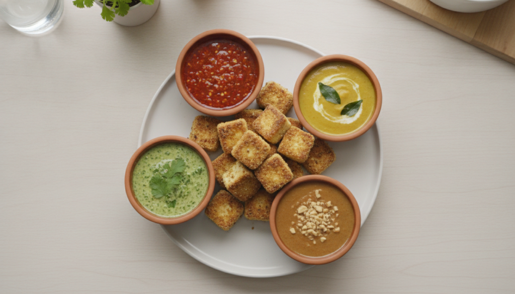 A vibrant array of four different vegan sauces in small bowls arranged around perfectly cooked golden-brown tofu cubes T