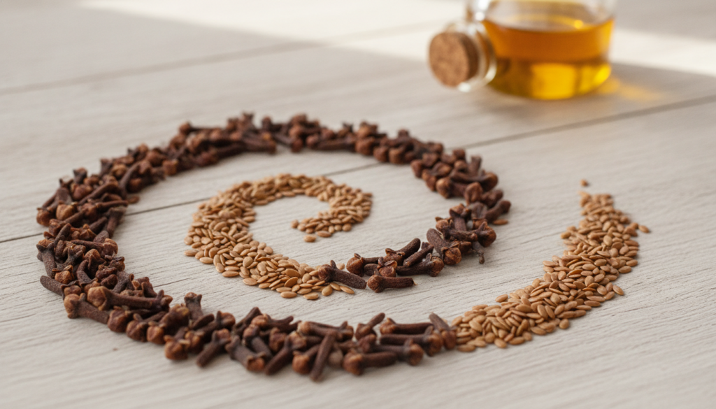 A close-up shot of dried cloves and golden flax seeds arranged artfully on a light wooden surface with a small glass bot
