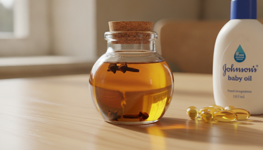 A small glass jar containing a golden oil with a few cloves steeping in it next to a bottle of baby oil and some vitamin
