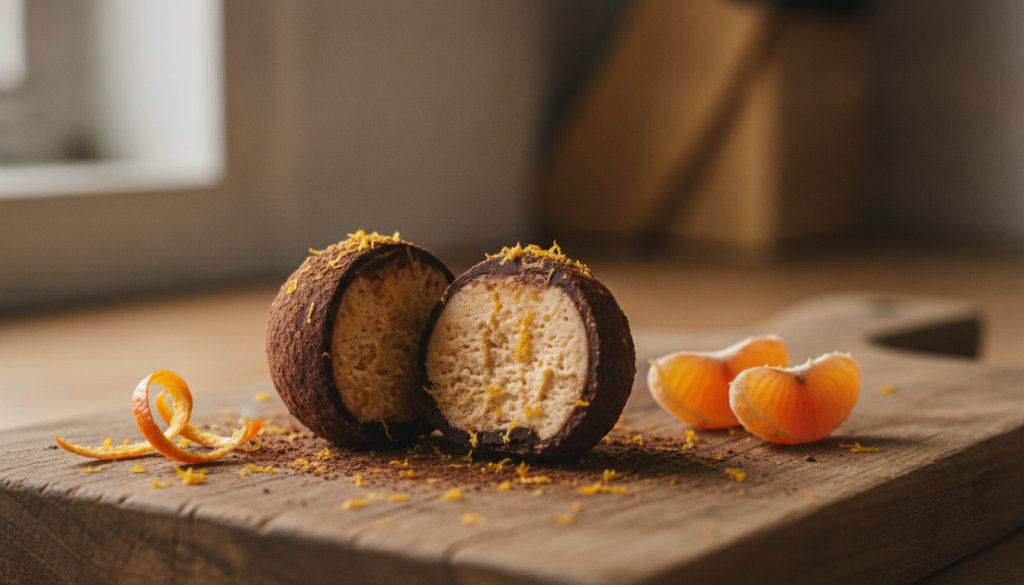 A close-up of a delightful chocolate orange treat possibly a cake slice truffle or square bar garnished with orange zest