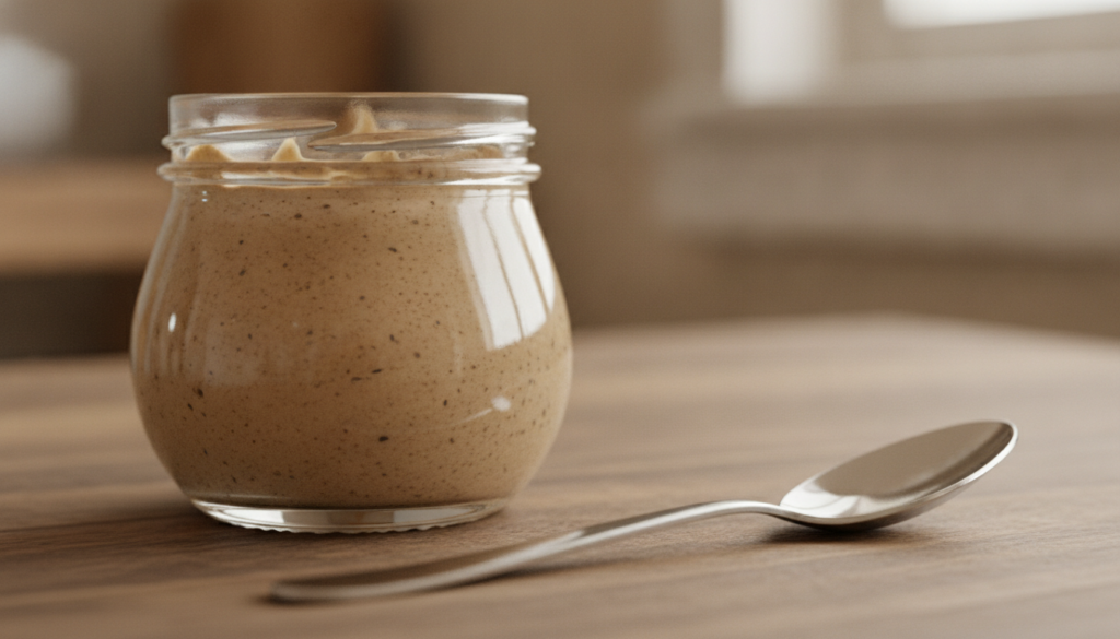A small glass jar containing a light brown creamy mixture of Vaseline and coffee grounds with a spoon beside it on a rus