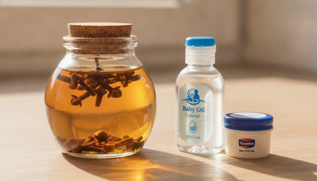 A close-up of a small glass jar containing a golden-tinted oil mixture with a few whole cloves submerged next to a small