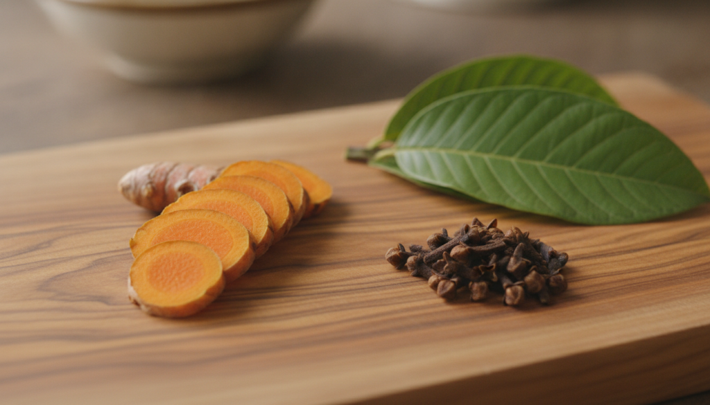 Raw turmeric root slices whole cloves and fresh guava leaves laid out on a wooden surface ready for preparation