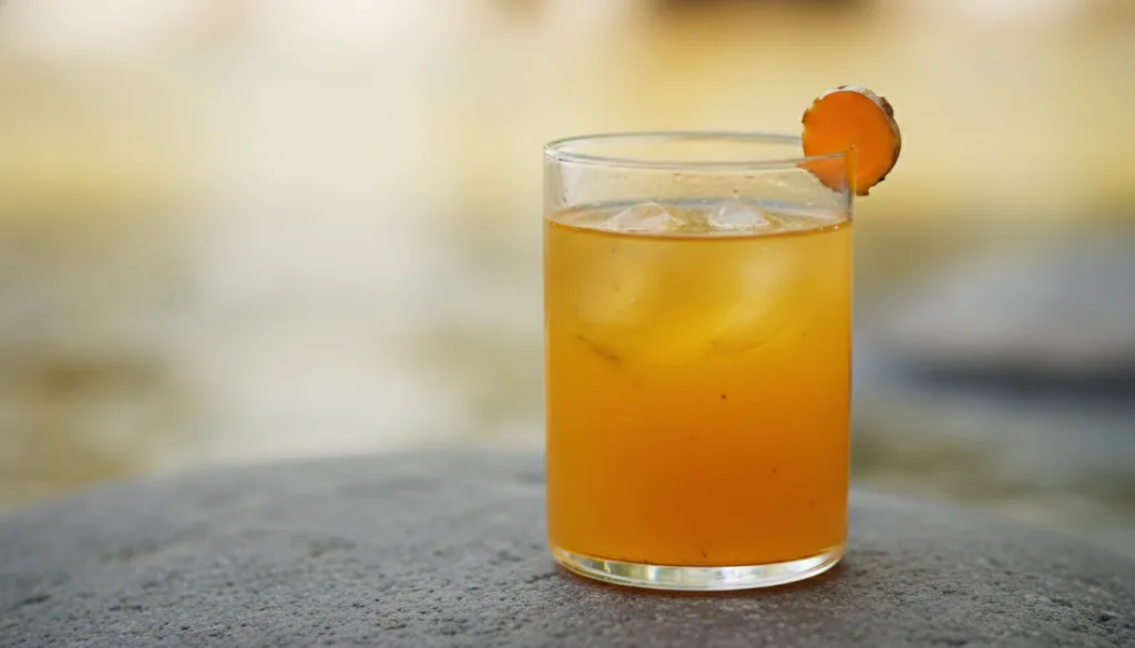 A clear glass filled with the golden-orange joint support tonic garnished with a slice of turmeric or lemon on a natural