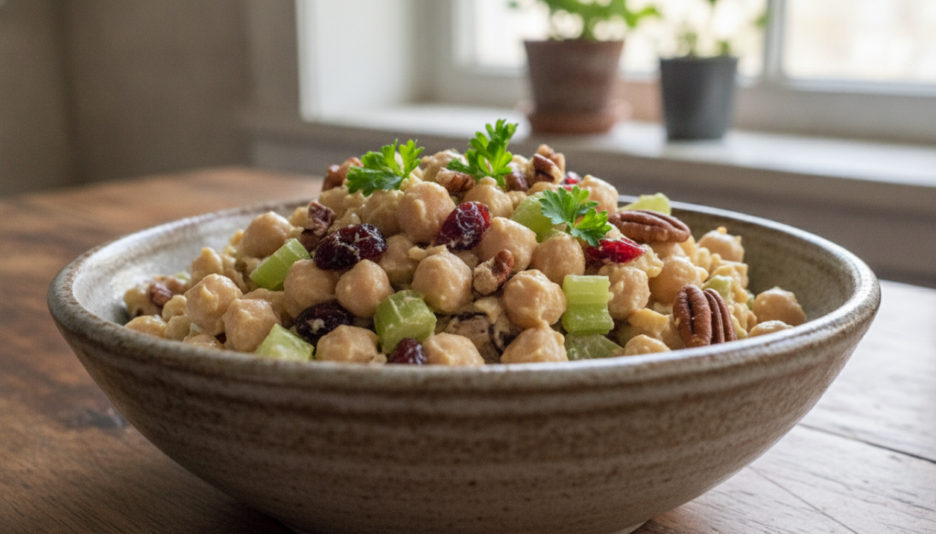 A vibrant close-up shot of a vegan chickpea salad in a bowl showing the texture of mashed chickpeas mixed with chopped c