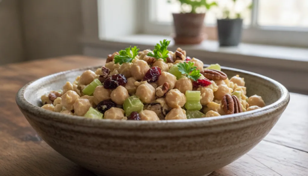 A vibrant close-up shot of a vegan chickpea salad in a bowl showing the texture of mashed chickpeas mixed with chopped c
