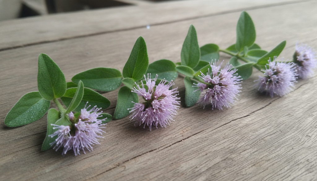 Close-up of fresh Cyanthillium cinereum leaves and flowers neatly gathered and ready for preparation