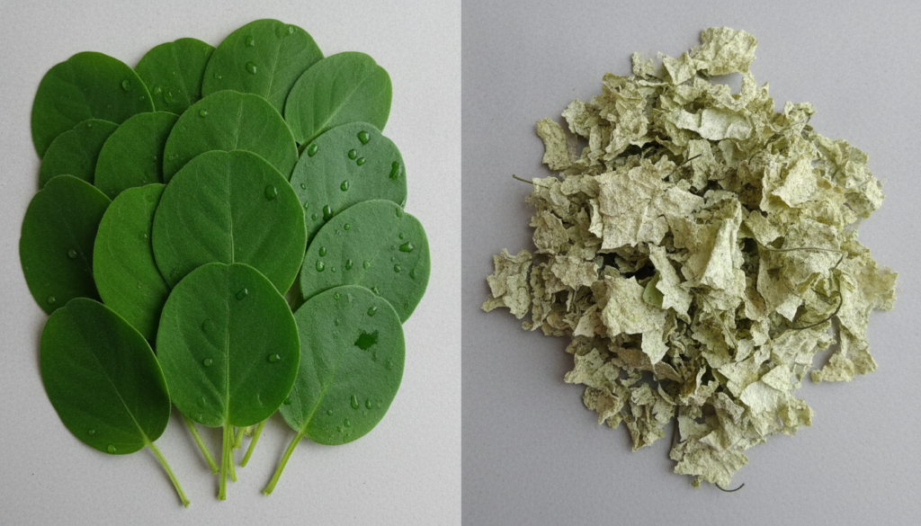 A side-by-side comparison image of fresh Cyanthillium cinereum leaves and dried crumbled Cyanthillium cinereum leaves cl