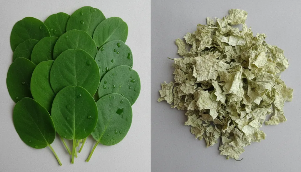 A side-by-side comparison image of fresh Cyanthillium cinereum leaves and dried crumbled Cyanthillium cinereum leaves cl