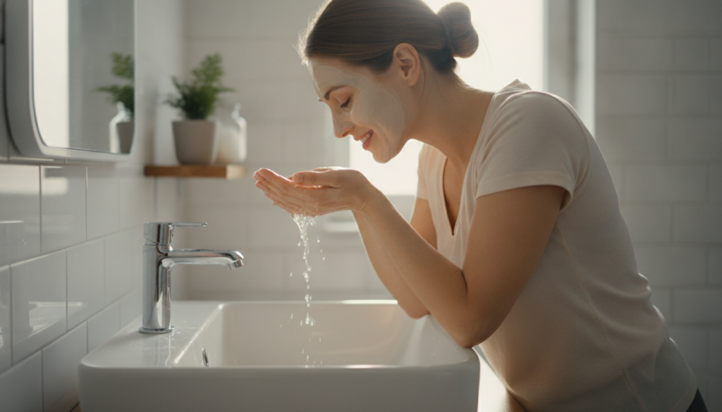 A woman gently rinsing her forehead with lukewarm water over a sink smiling softly as she removes the DIY mask Her skin