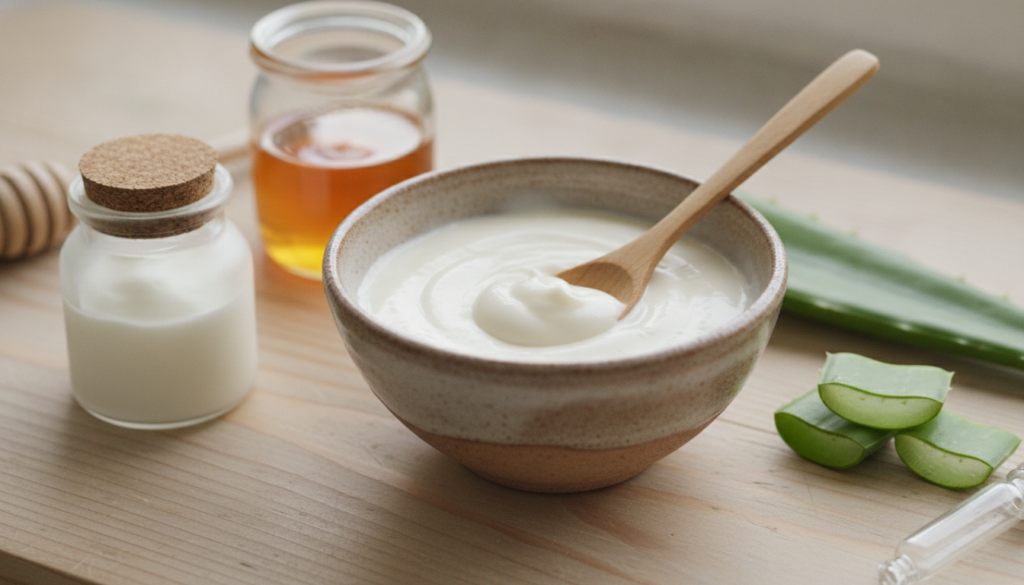 Close-up of a small bowl containing a creamy white DIY mask mixture with a spoon surrounded by small containers of plain