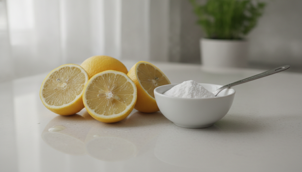 Ingredients for a foot corn remedy a fresh lemon cut in half baking soda in a small bowl and a measuring spoon on a clea