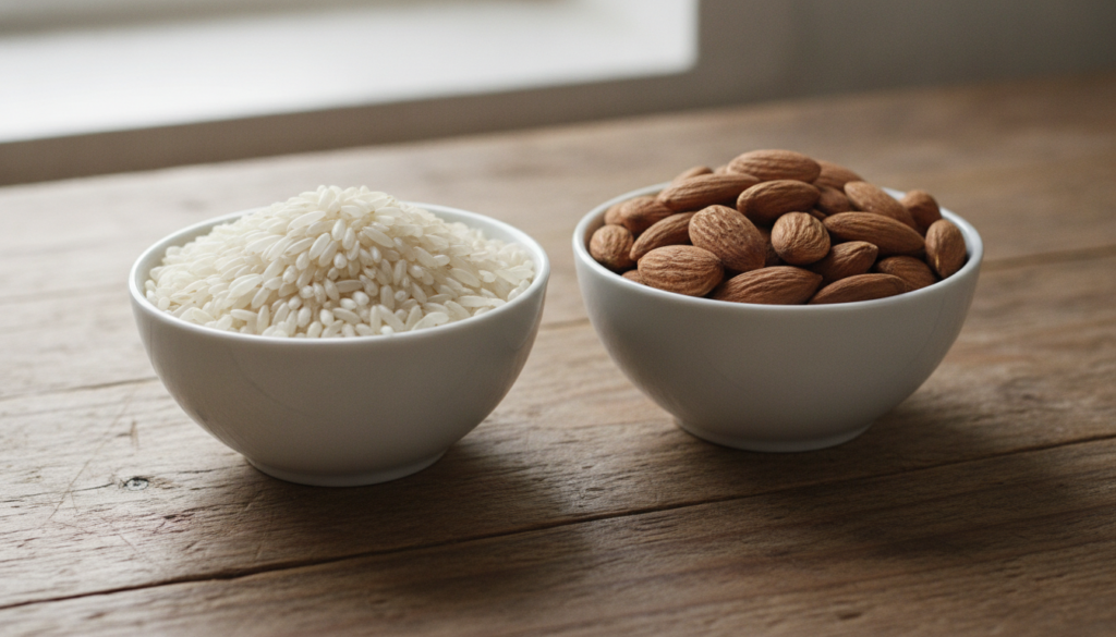 A small bowl of raw white rice next to a small bowl of whole almonds on a clean wooden surface with some filtered water