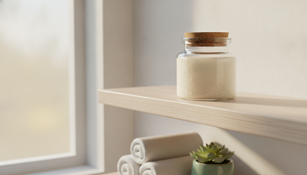 A small clear glass jar filled with a smooth creamy white gel placed on a bathroom shelf with soft lighting