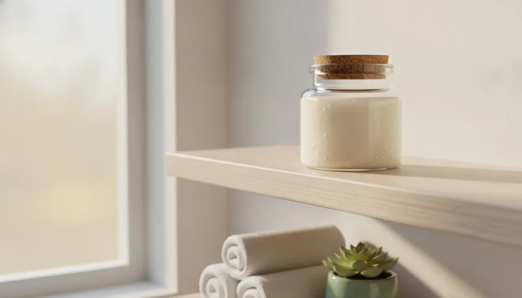A small clear glass jar filled with a smooth creamy white gel placed on a bathroom shelf with soft lighting