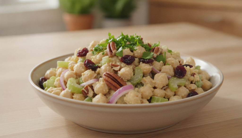 A beautifully presented bowl of vegan chickpea salad garnished with fresh parsley alongside some whole-wheat crackers or